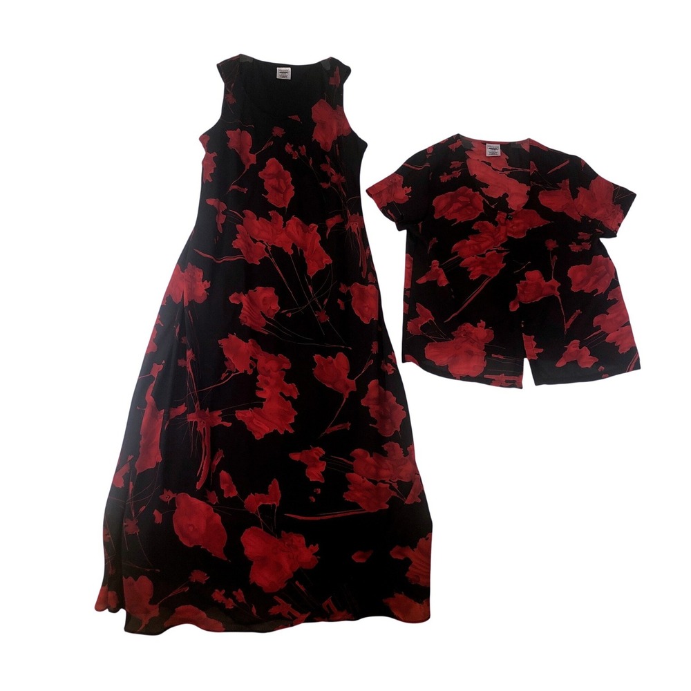 Premier International Ladies Red‎ Floral Black Maxi Dress n Top Set Medium 10-12